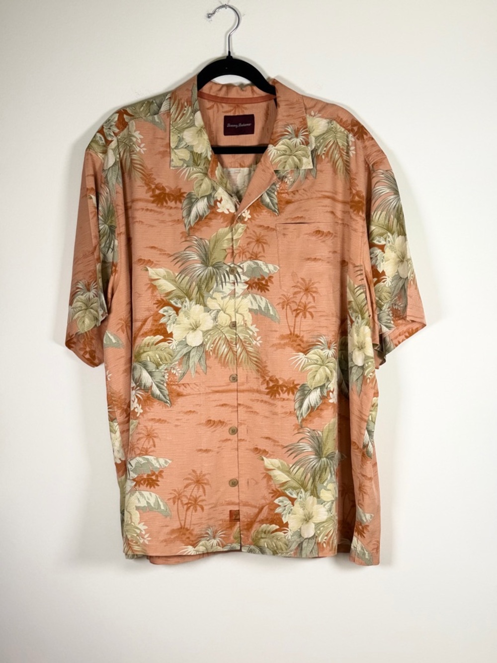 Tommy Bahama Coral Peach Tropical Floral Camp Shirt